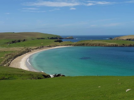 A tranquil coastal scene with a curving sandy beach, lush green meadows and clear blue water under