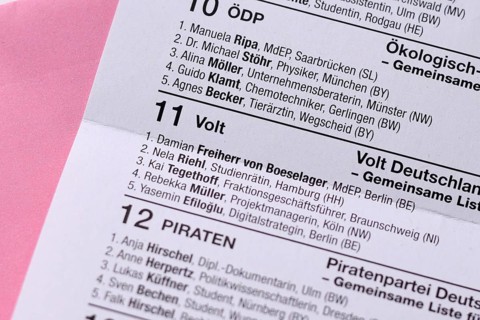 Germany, May 2024: German ballot paper for Elections to the European Parliament with clos eup of
