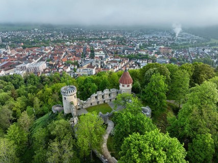 Aerial view of the Honburg castle ruins on the Honberg with the town of Tuttlingen, district of