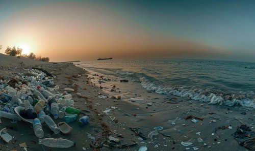 Beach littered with plastic bottles and garbage, ecological problems AI generated