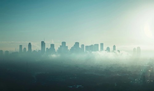 A city skyline obscured by thick smog, Industrial AI generated