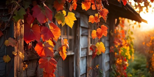 Close up of a rustic vineyard cottage nestled in a canopy of vines leaves showcasing autumns color