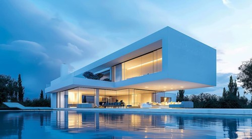 Exterior of private house luxury villa. Modern architecture real estate with swimming pool, AI
