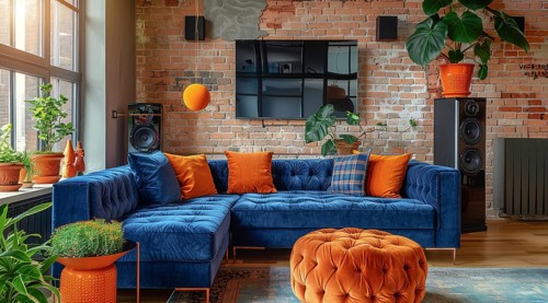 Modern living room in a condo or loft with modern trendy furniture a blue couch and orange pillows,