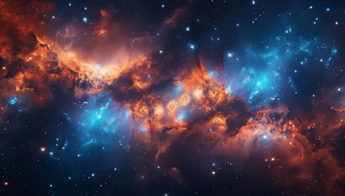 A mesmerizing deep space nebula with swirling clouds of stars and cosmic dust in blue and orange