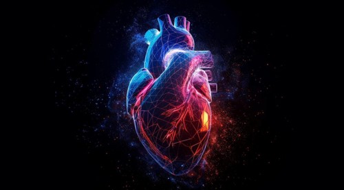 Hearth health cardiology concept with display that shows science research for heart diseases, AI