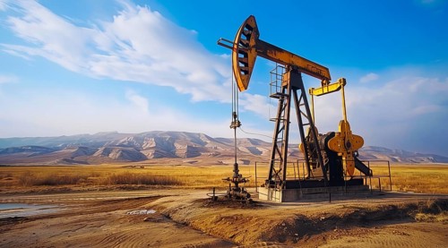 Large oil rig is in the desert. Concept of oil exploration, earth exploitation and corporate greed,