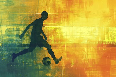 A soccer player dribbles and kicks a soccer ball. Abstract vintage grungy poster style with muted
