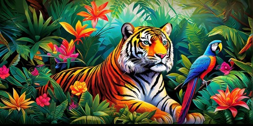 AI generated illustration of an enchanted fairy tale jungle inhabited by magical fantasy animals in