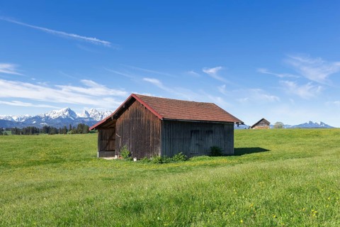 Wooden hut in a meadow near Fuessen, Allgaeu Alps, snow, near Buching, Allgaeu, Bavaria, Germany,