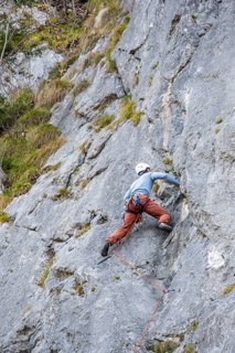 Sport climbing with rope, climber on a rock face, Frauenwasserl climbing garden, Ammergau Alps,