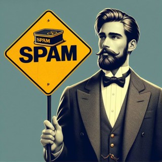 Retro-styled man holding a 'SPAM' sign with a serious expression, ai generated, AI generated