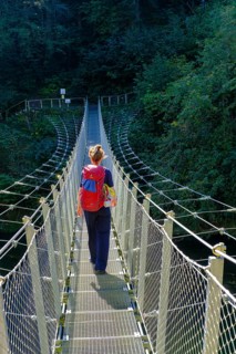 Hikers at the suspension bridge over the Danube, Inzigkofen Princely Park near Sigmaringen, Upper