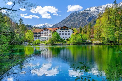 Spring at Lake Badersee with Hotel am Badersee, Zugspitzdorf Grainau, Werdenfelser Land, Bavarian