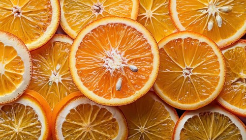 Close-up of sliced oranges with visible seeds showing juicy texture and details of the fruit, AI