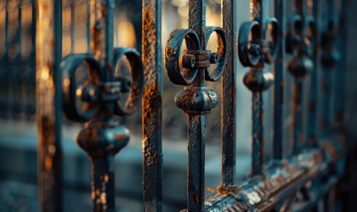 A rusted wrought iron gates in hues of deep charcoal and slate gray AI generated