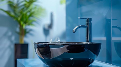 A sink with a black bowl and a silver faucet in a modern luxury condo, AI generated