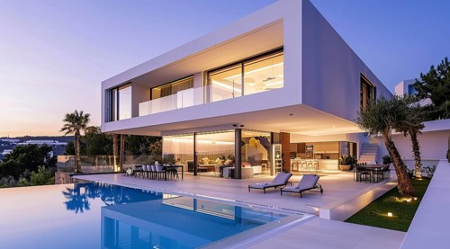 Exterior of private house luxury villa. Modern architecture real estate with swimming pool, AI