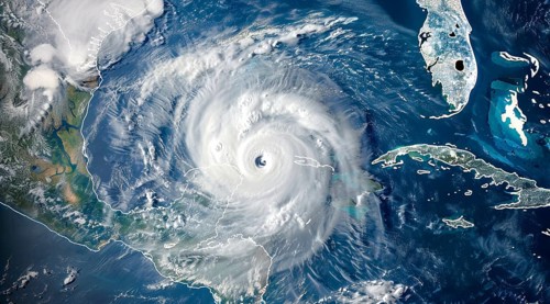 A hurricane is spinning in the ocean. Damage and devastations caused by hurricanes and climate