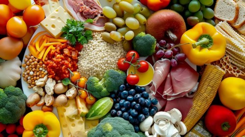 An array of raw vegetables, grains, and berries neatly arranged on a surface, AI generated