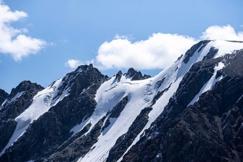 Glaciated and snow-covered mountain peaks, Tian Shan, Sky Mountains, Engilchek Valley, Kyrgyzstan,
