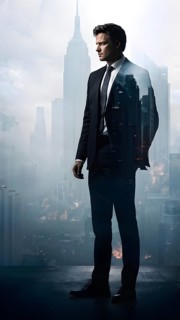Silhouette of a businessman against a backdrop double exposure that reveals a destroyed cityscape,
