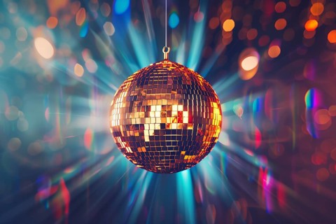 A disco ball is suspended from the ceiling at party in nightclub, reflecting the lights and