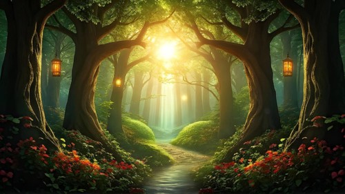 AI generated enchanted forest illustration intertwining trees aglow with magical light