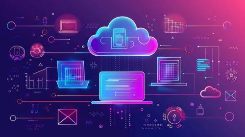 Neon-themed digital illustration showing cloud computing and network technology with a futuristic