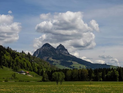 Cloudy mood over a mountain peak, near Bad Mitterndorf, Styria, Austria, Europe