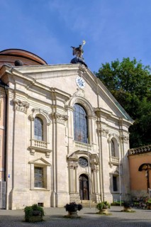 Church facade, Weltenburg Benedictine Abbey, Lower Bavaria. Bavaria, Germany, Europe