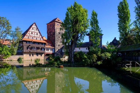 Water tower and wine barn, Maxbruecke an der Pegnitz, Nuremberg, Middle Franconia, Franconia,