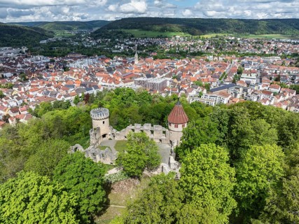 Aerial view of the Honburg castle ruins on the Honberg with the town of Tuttlingen, district of