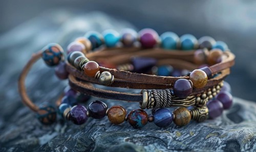 A leather wrap bracelet adorned with natural gemstones and antique beads AI generated