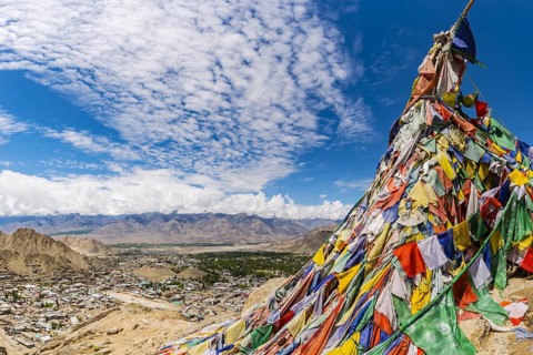 Panorama from Tsenmo hill over Leh and the Indus valley to Stok Kangri, 6153m, Ladakh, Jammu and