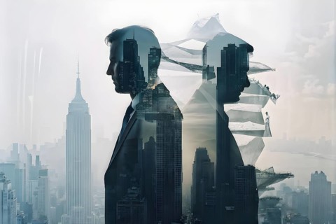 Silhouette of two businessman against a backdrop double exposure that reveals a destroyed