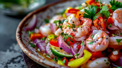 A plate of shrimp ceviche with brightly colored vegetables and lime, AI generated