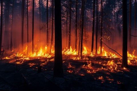 A forest wildfire is raging through a wooded area. Trees are on fire and flames are spreading
