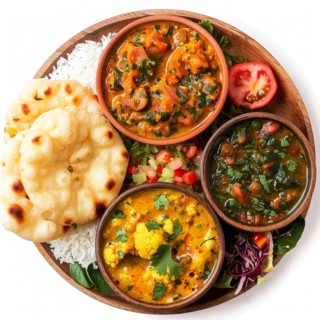 A top view of Indian dishes with naan bread, curry, and rice, AI generated