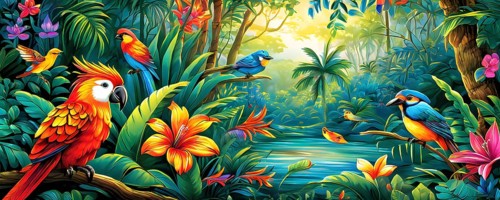 AI generated illustration of an enchanted fairy tale jungle inhabited by magical fantasy animals in