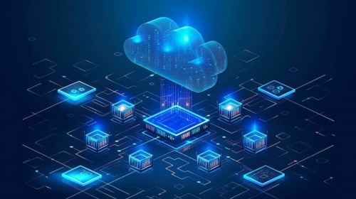Futuristic visualization of cloud computing with neon circuitry and floating cubes, AI generated