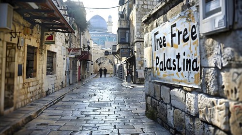 Free Free Palastina is written in black on the wall of a house, in the background two men walk