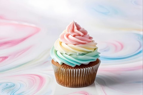Cupcake with swirls of pastel frosting resting on a subtle iridescent surface, AI generated
