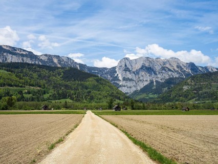 Field path leads through farmland, mountain range behind, near Woerschach, Ennstal, Styria,