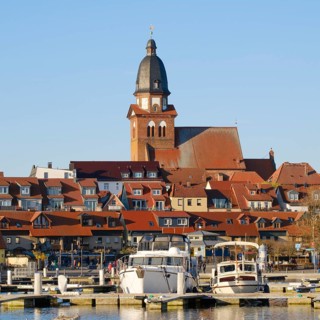 Town view with town harbour on Lake Mueritz, St. Mary's Church, Waren, Mueritz, Mecklenburg Lake