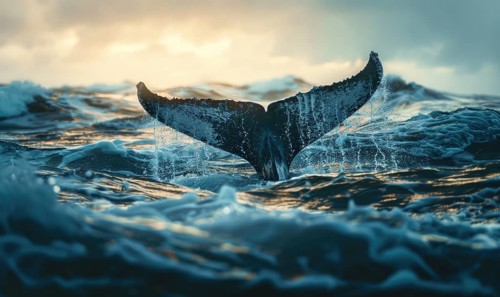 Whale's tail fluke emerging from the water against a backdrop of swirling ocean currents AI