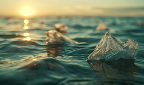 Plastic bags floating in the ocean water, environment and ecology AI generated