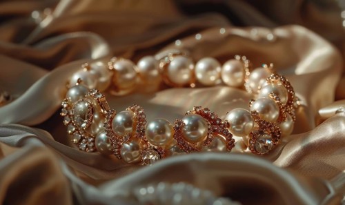 A pearl bracelet adorned with intricate charms resting on a luxurious satin material background AI