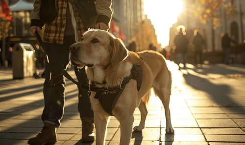 A guide dog leading its owner along a suburban sidewalk AI generated