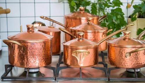 Metal, copper, copper crockery in the kitchen, copper pots, cooking pot
